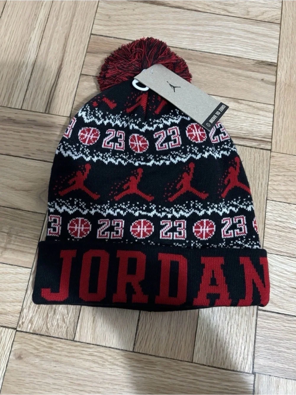 Jordan Jumpman Ugly Sweater Black/Red Pom Pom Beanie Hat FN4673-010 Adult OS